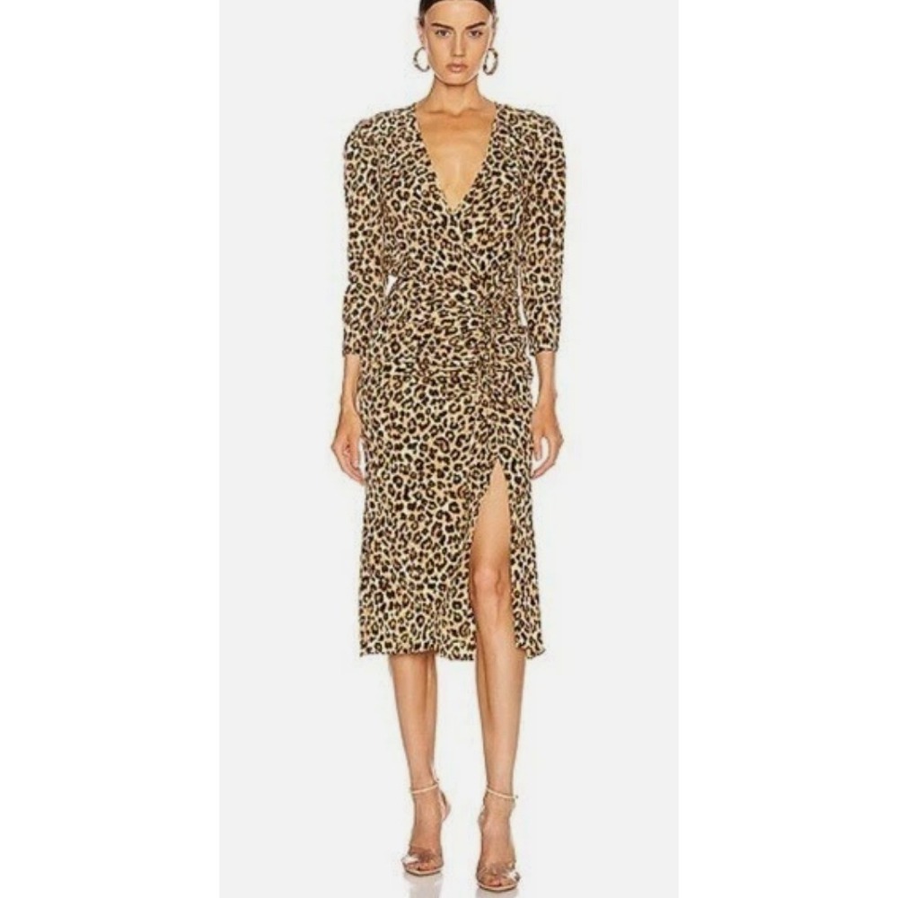 Veronica Beard Arielle Silk Dress Leopard Midi Ruched Size 6